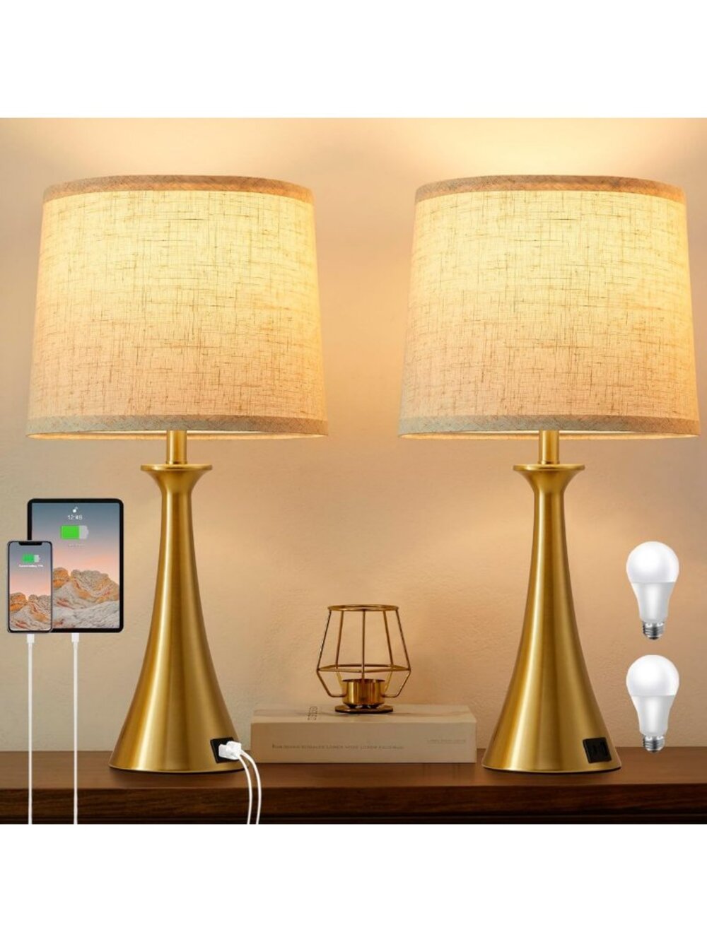 Elegant Touch Table Lamps Set of 2, 21" Bedside Lighting with USB Ports, Gold